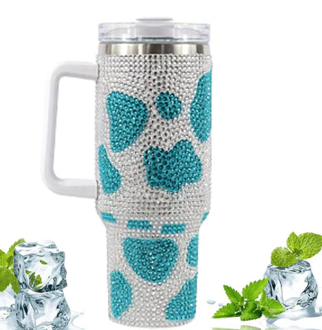 Insulated Cow Print Tumbler with Handle and Straw Lid